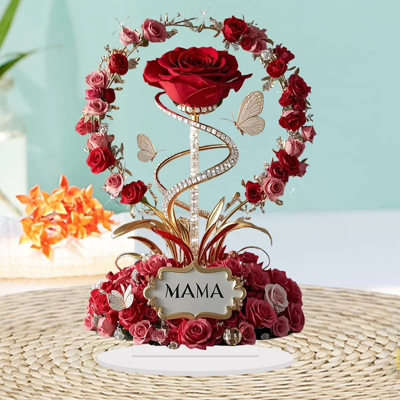 2D Acrylic Ornament Red Rose MOM Pattern Roses Mother Flat Elegant Desk Decora Filial Child to Mother Gifts - chinatopmarket