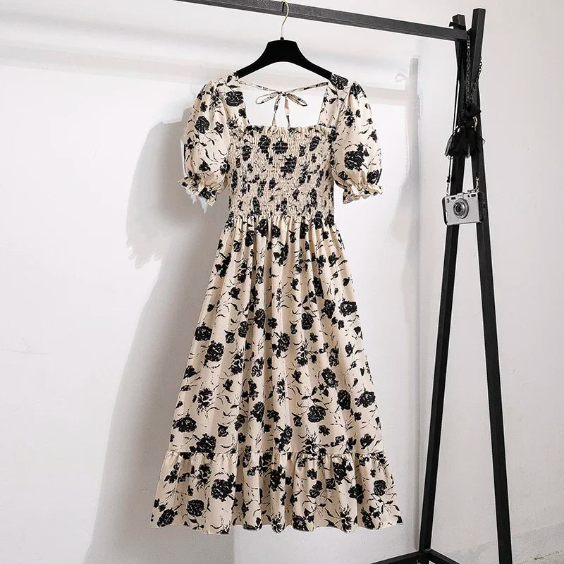 Spring Summer Chiffon Dresses Fashion Female Elastic Waist Short Sleeve Pleated Casual Dress Women A-line Dresses Vestidos - chinatopmarket