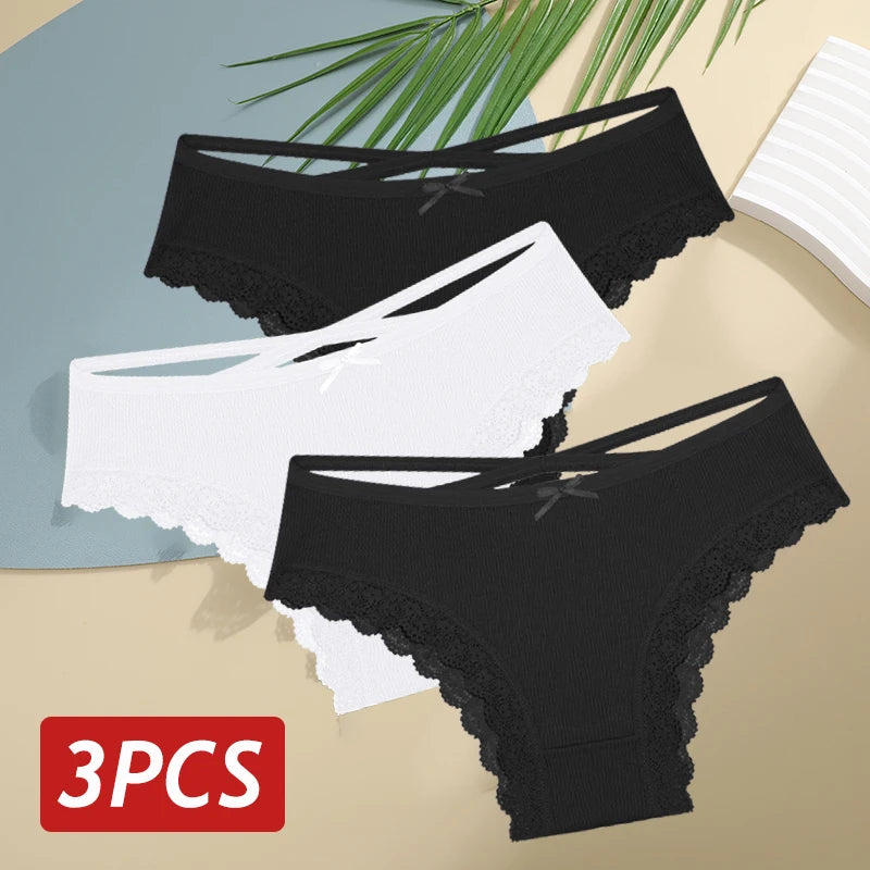 3PCS/Set Women Cotton Panties Sexy Low Rise Lace Brazilian Panties Hollow Out Soft Breathable Lingerie Female Bow Underwear S-XL - chinatopmarket