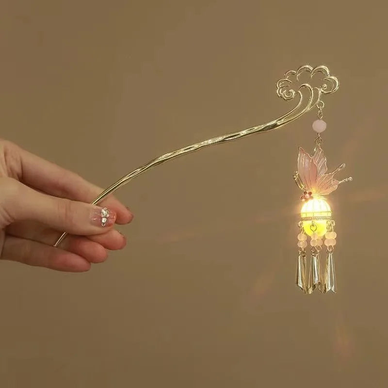 Luminous Flower Hairpin For Women Creative Lotus Emit Light Lantern Tassel Hair Stick Vintage Chinese Style Metal Hair Accessory - chinatopmarket