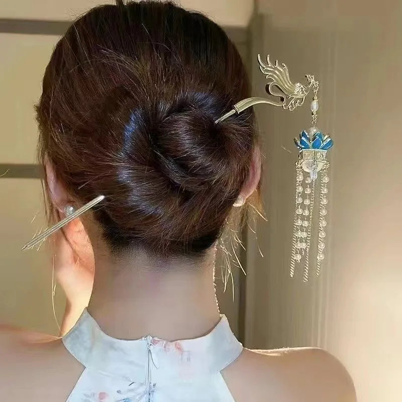 Luminous Flower Hairpin For Women Creative Lotus Emit Light Lantern Tassel Hair Stick Vintage Chinese Style Metal Hair Accessory - chinatopmarket