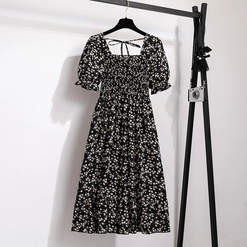 Spring Summer Chiffon Dresses Fashion Female Elastic Waist Short Sleeve Pleated Casual Dress Women A-line Dresses Vestidos - chinatopmarket