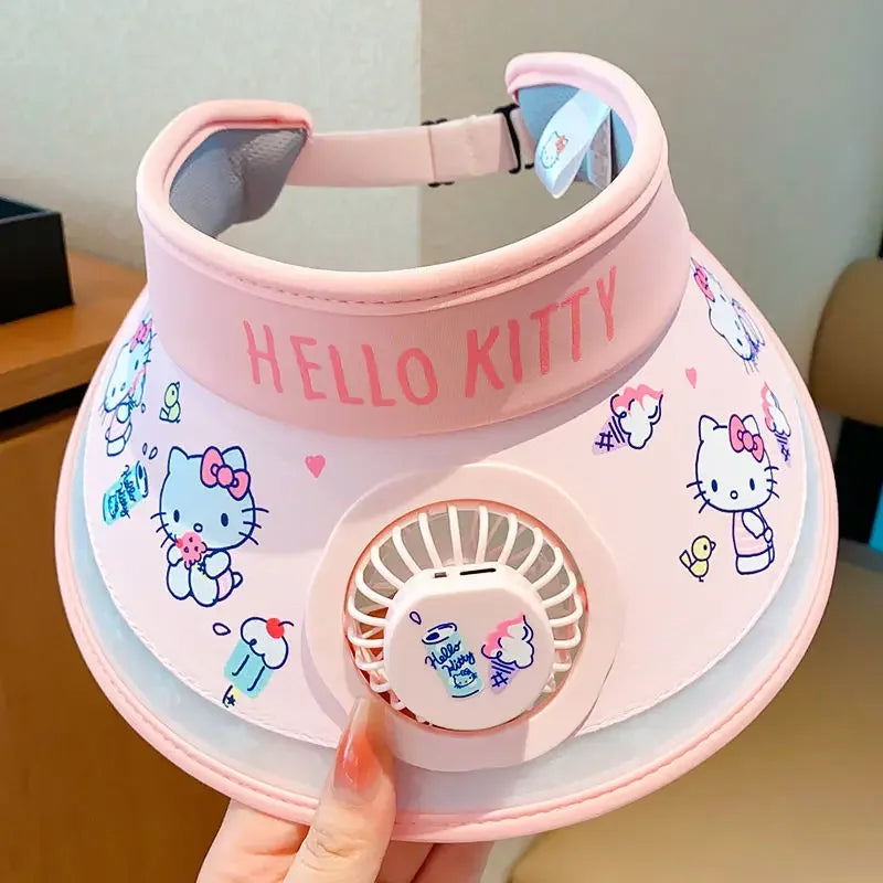 Hello Kitty Kuromi My melody Pochacco summer children's multifunctional sun protection hat with fan and sunshade large brim - chinatopmarket
