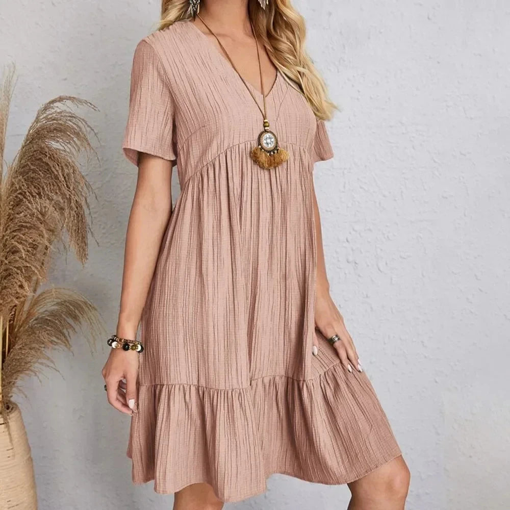 Women Summer Peplum Dresses Spring V-Neck Short Sleeve Loose Waist Ruffle Fit Flare Vocation Dresses - chinatopmarket