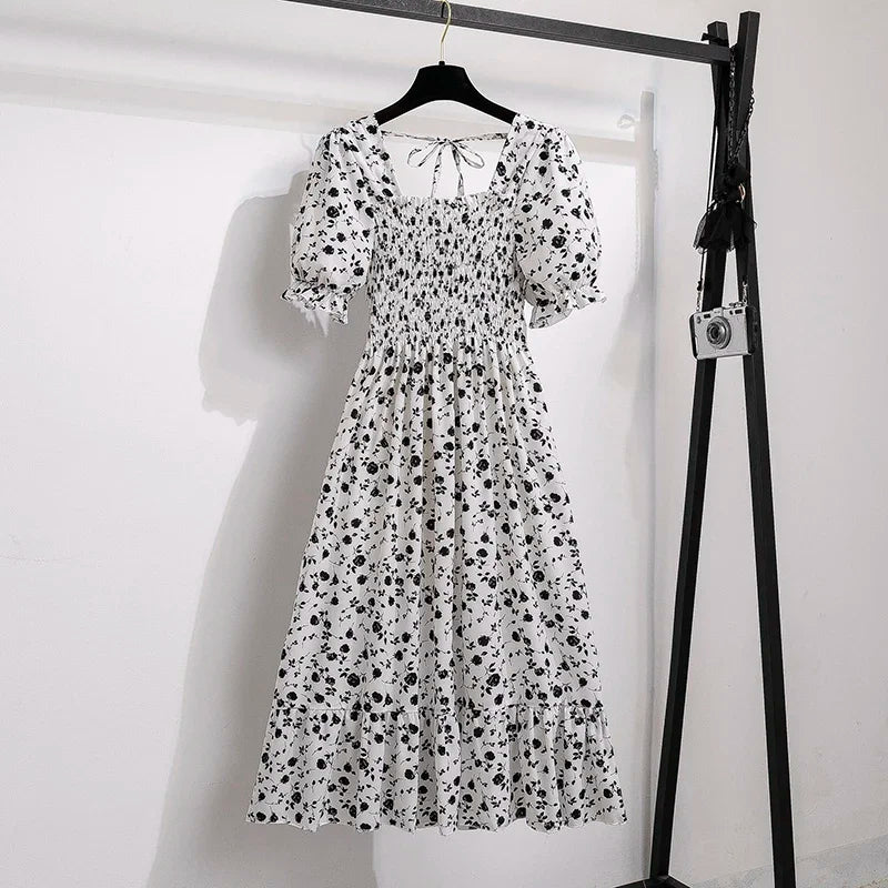 Spring Summer Chiffon Dresses Fashion Female Elastic Waist Short Sleeve Pleated Casual Dress Women A-line Dresses Vestidos - chinatopmarket