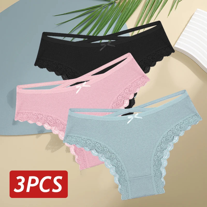 3PCS/Set Women Cotton Panties Sexy Low Rise Lace Brazilian Panties Hollow Out Soft Breathable Lingerie Female Bow Underwear S-XL - chinatopmarket