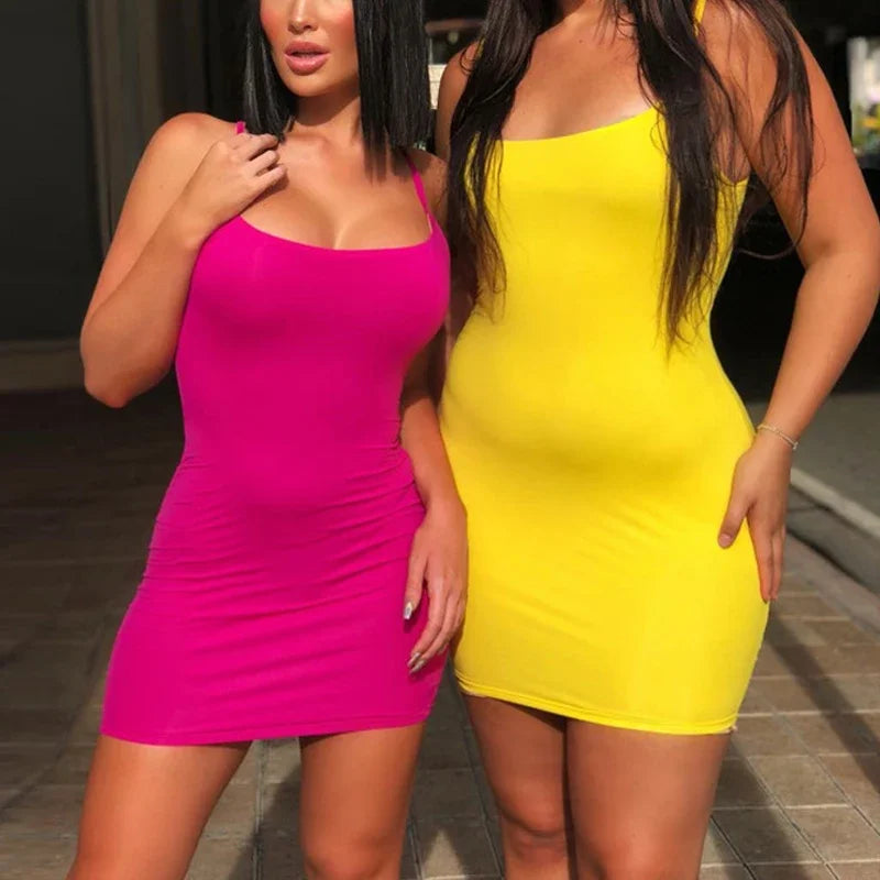 Summer Spaghetti Strap Mini Dress 2025 Women Sexy Bodycon Club Party Dresses Short Female Camisole Solid Black Sheath Sundress - chinatopmarket