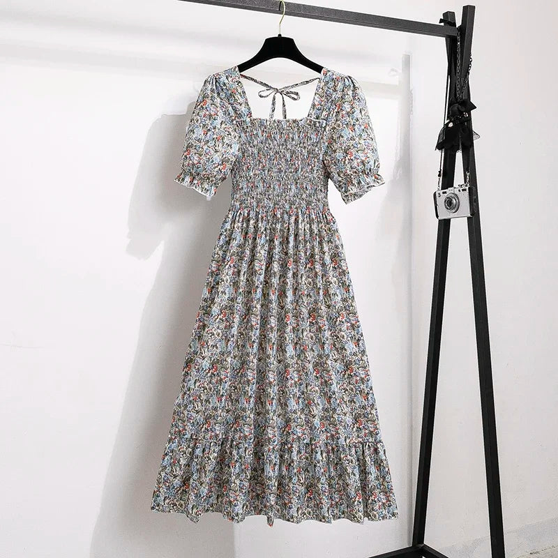 Spring Summer Chiffon Dresses Fashion Female Elastic Waist Short Sleeve Pleated Casual Dress Women A-line Dresses Vestidos - chinatopmarket