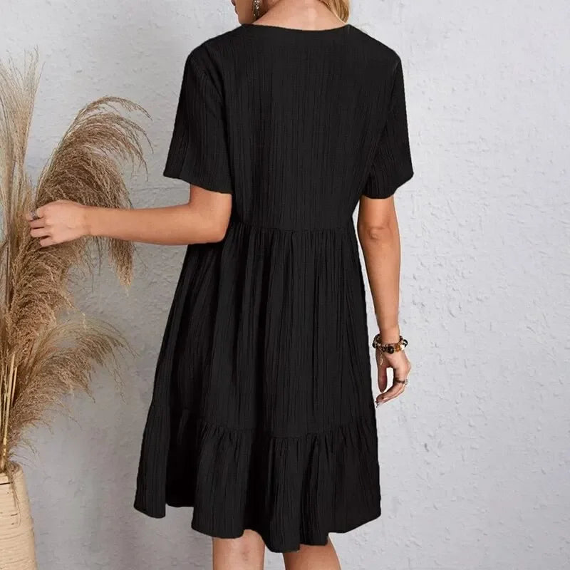 Women Summer Peplum Dresses Spring V-Neck Short Sleeve Loose Waist Ruffle Fit Flare Vocation Dresses - chinatopmarket