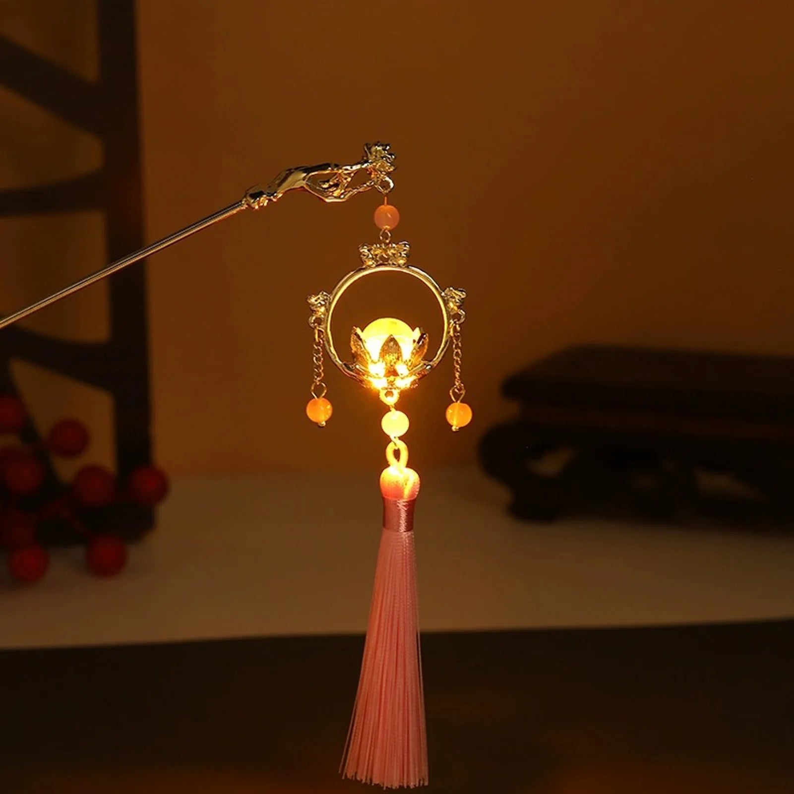 Luminous Flower Hairpin For Women Creative Lotus Emit Light Lantern Tassel Hair Stick Vintage Chinese Style Metal Hair Accessory - chinatopmarket