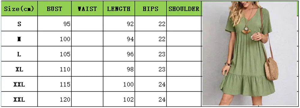 Women Summer Peplum Dresses Spring V-Neck Short Sleeve Loose Waist Ruffle Fit Flare Vocation Dresses - chinatopmarket