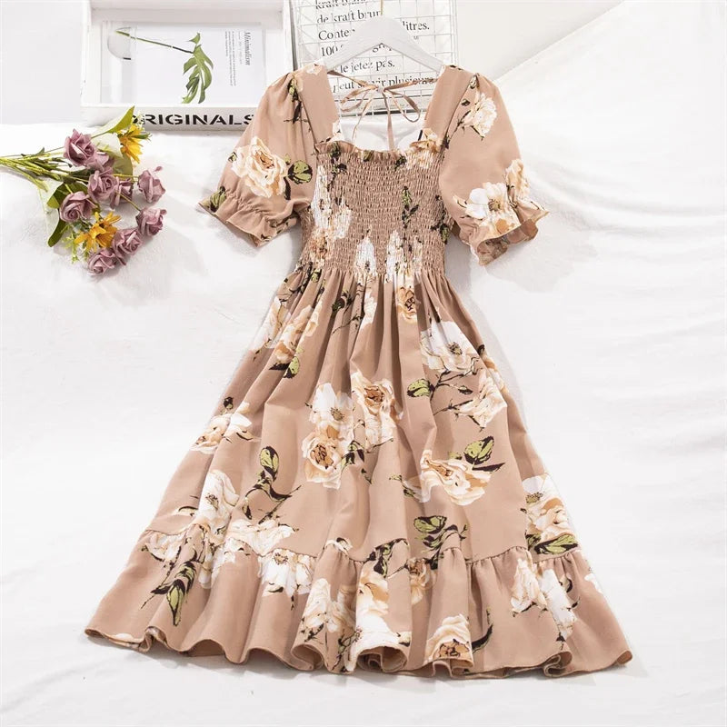 Spring Summer Chiffon Dresses Fashion Female Elastic Waist Short Sleeve Pleated Casual Dress Women A-line Dresses Vestidos - chinatopmarket
