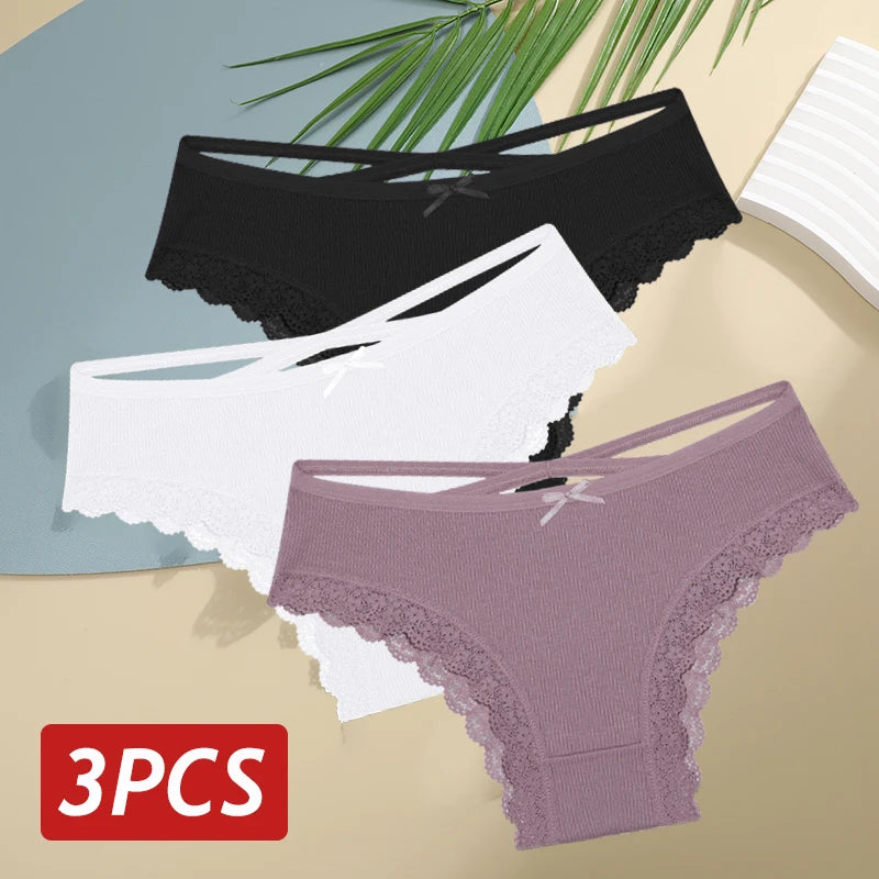 3PCS/Set Women Cotton Panties Sexy Low Rise Lace Brazilian Panties Hollow Out Soft Breathable Lingerie Female Bow Underwear S-XL - chinatopmarket