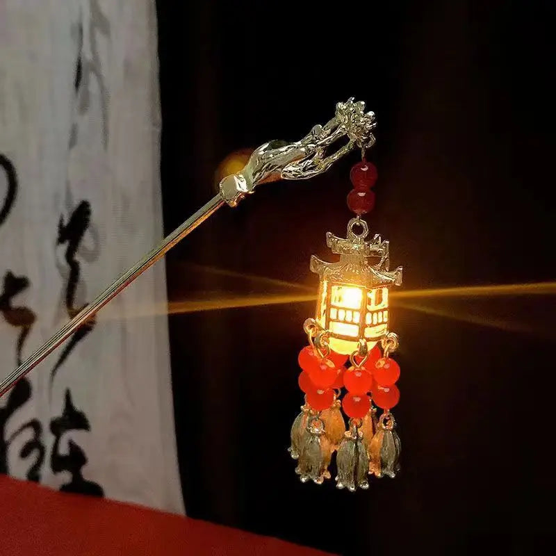 Luminous Flower Hairpin For Women Creative Lotus Emit Light Lantern Tassel Hair Stick Vintage Chinese Style Metal Hair Accessory - chinatopmarket