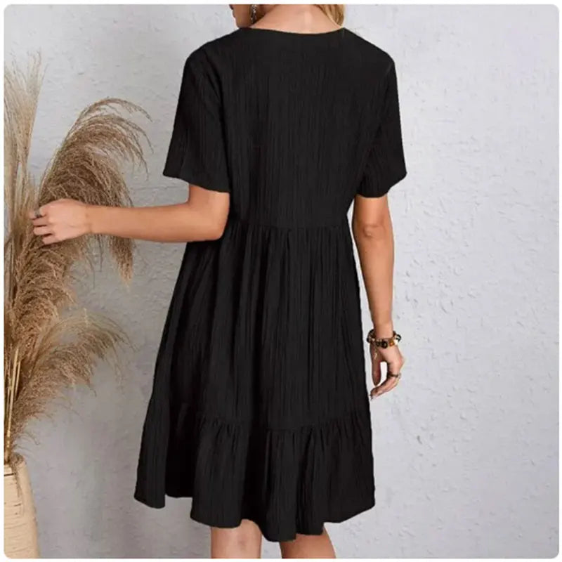 Women Summer Peplum Dresses Spring V-Neck Short Sleeve Loose Waist Ruffle Fit Flare Vocation Dresses - chinatopmarket