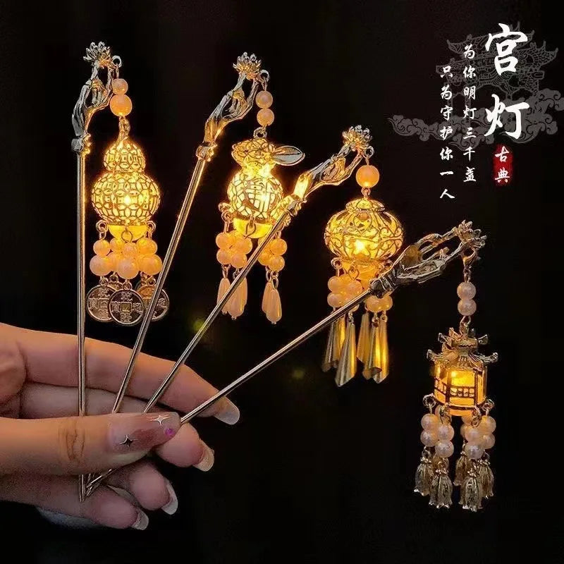 Luminous Flower Hairpin For Women Creative Lotus Emit Light Lantern Tassel Hair Stick Vintage Chinese Style Metal Hair Accessory - chinatopmarket