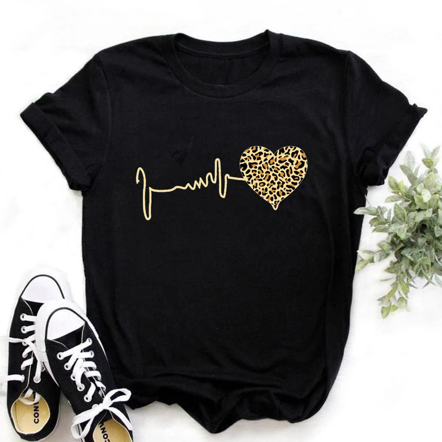 Summer New 90 's Leopard Heartbeat Short Sleeve Print Clothing Women's T-Shirt Harajuku Graphic Clothing Women's Top,Drop Ship - chinatopmarket