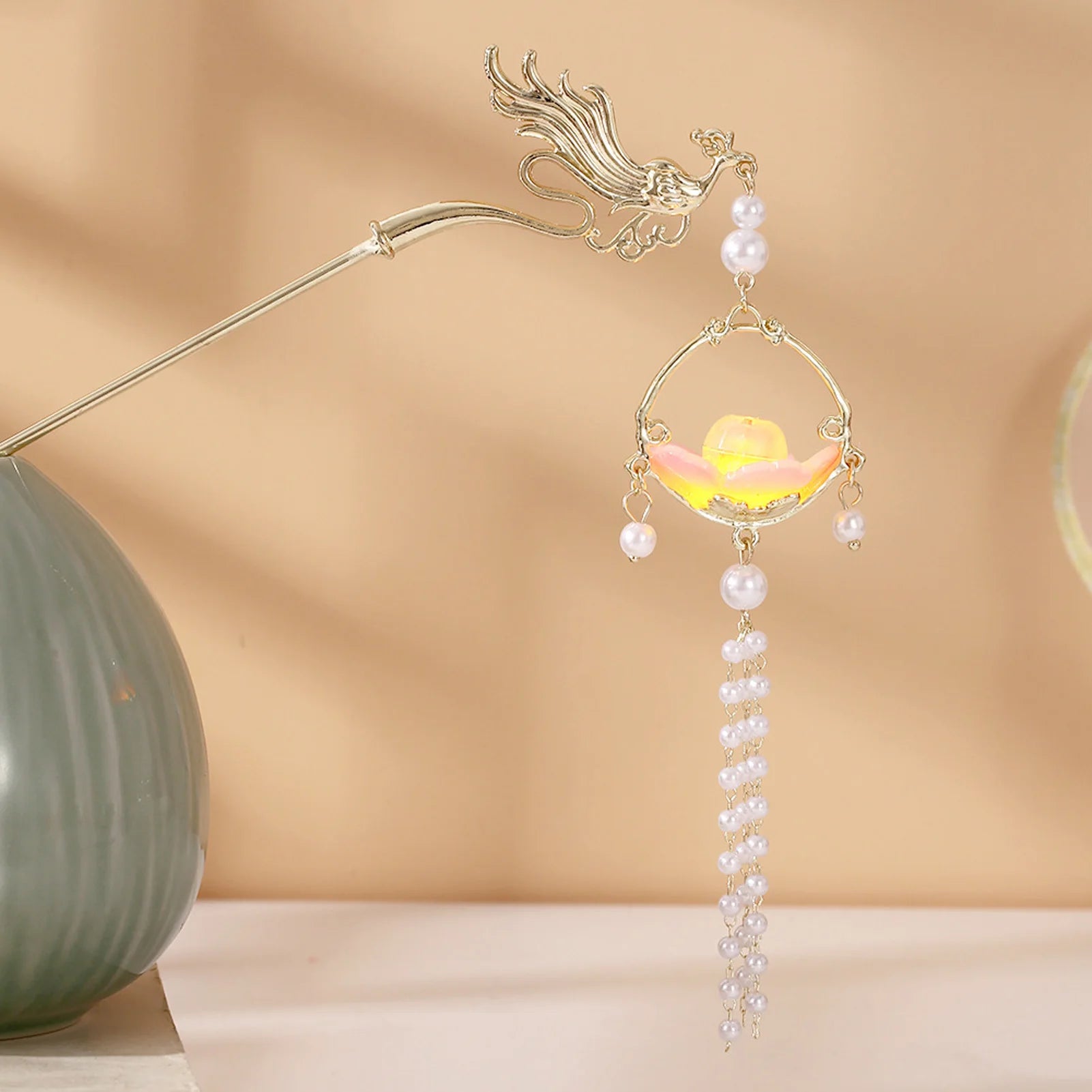 Luminous Flower Hairpin For Women Creative Lotus Emit Light Lantern Tassel Hair Stick Vintage Chinese Style Metal Hair Accessory - chinatopmarket