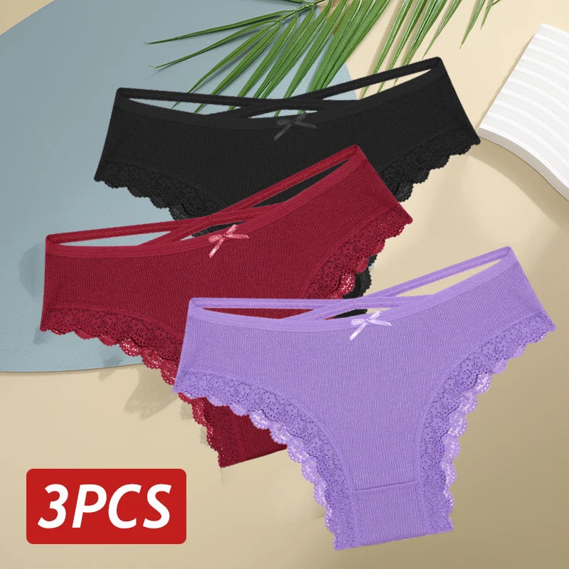 3PCS/Set Women Cotton Panties Sexy Low Rise Lace Brazilian Panties Hollow Out Soft Breathable Lingerie Female Bow Underwear S-XL - chinatopmarket