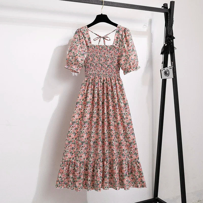 Spring Summer Chiffon Dresses Fashion Female Elastic Waist Short Sleeve Pleated Casual Dress Women A-line Dresses Vestidos - chinatopmarket