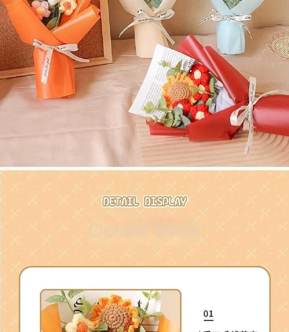 Artificial Flower Crochet Bouquet Handmade Anniversary Sunflower Daisy Bouquet Mothers Day Birthday Gift Eternal Flower - chinatopmarket