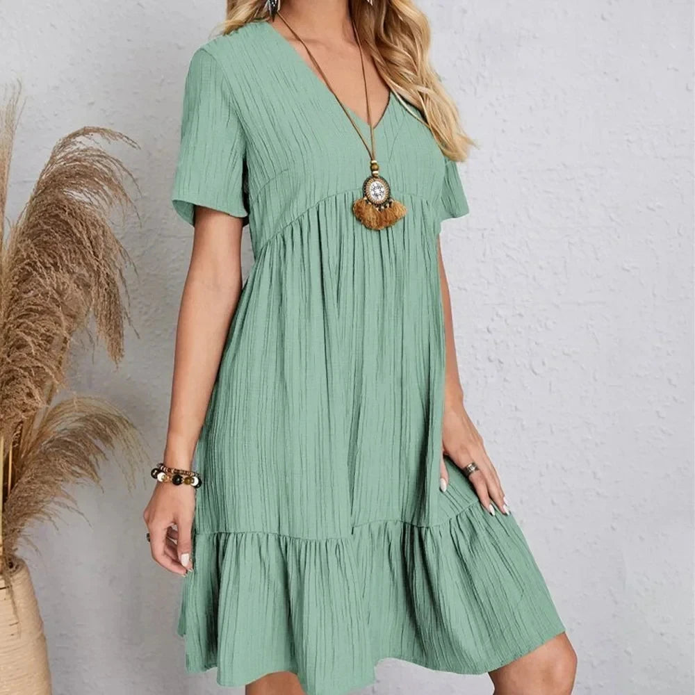 Women Summer Peplum Dresses Spring V-Neck Short Sleeve Loose Waist Ruffle Fit Flare Vocation Dresses - chinatopmarket