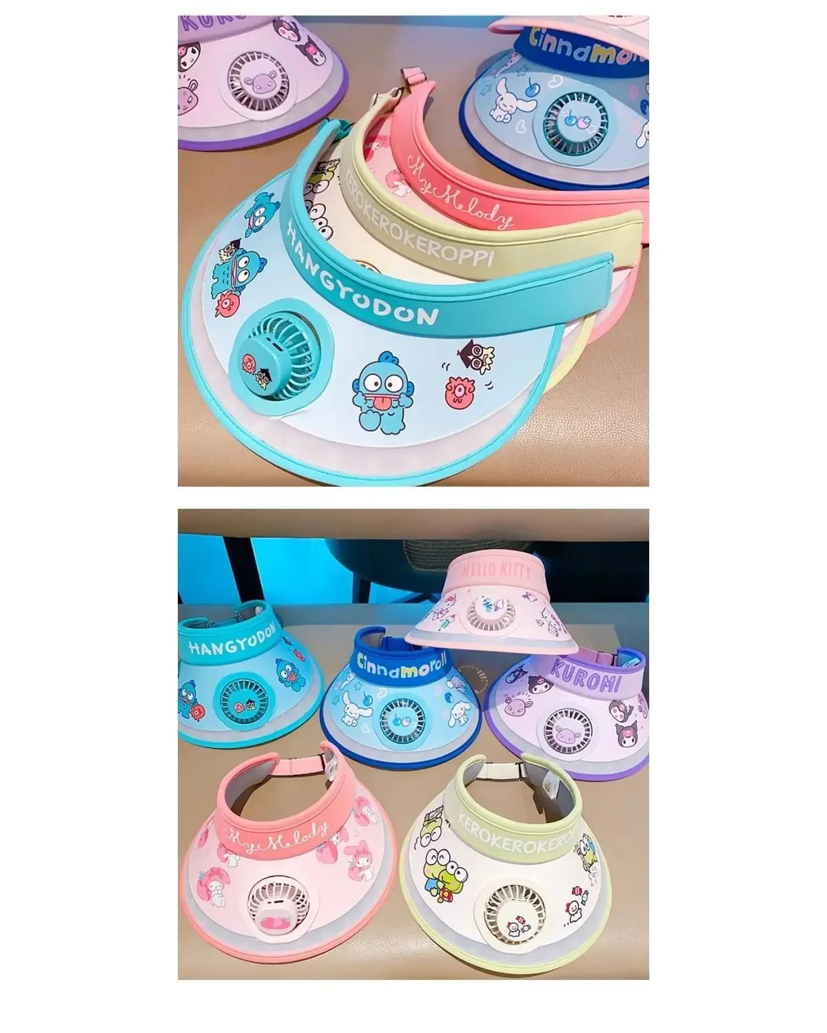 Hello Kitty Kuromi My melody Pochacco summer children's multifunctional sun protection hat with fan and sunshade large brim - chinatopmarket