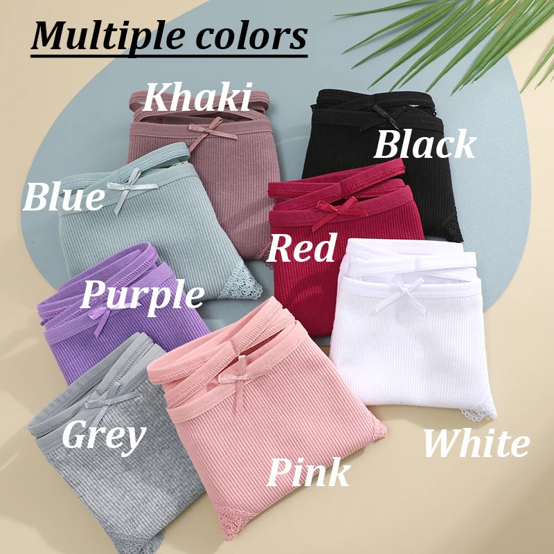 3PCS/Set Women Cotton Panties Sexy Low Rise Lace Brazilian Panties Hollow Out Soft Breathable Lingerie Female Bow Underwear S-XL - chinatopmarket