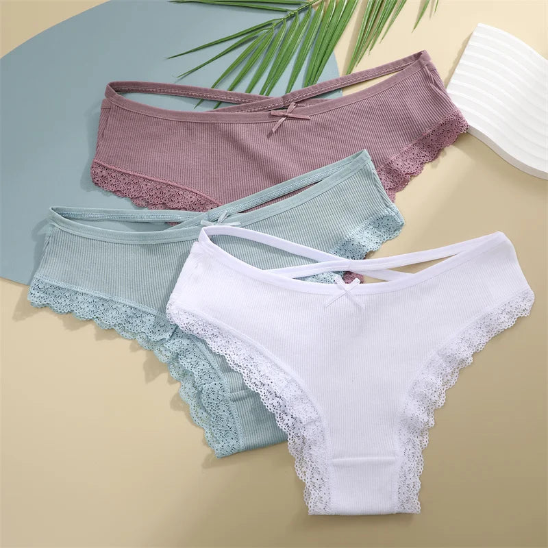 3PCS/Set Women Cotton Panties Sexy Low Rise Lace Brazilian Panties Hollow Out Soft Breathable Lingerie Female Bow Underwear S-XL - chinatopmarket