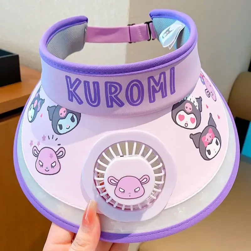 Hello Kitty Kuromi My melody Pochacco summer children's multifunctional sun protection hat with fan and sunshade large brim - chinatopmarket