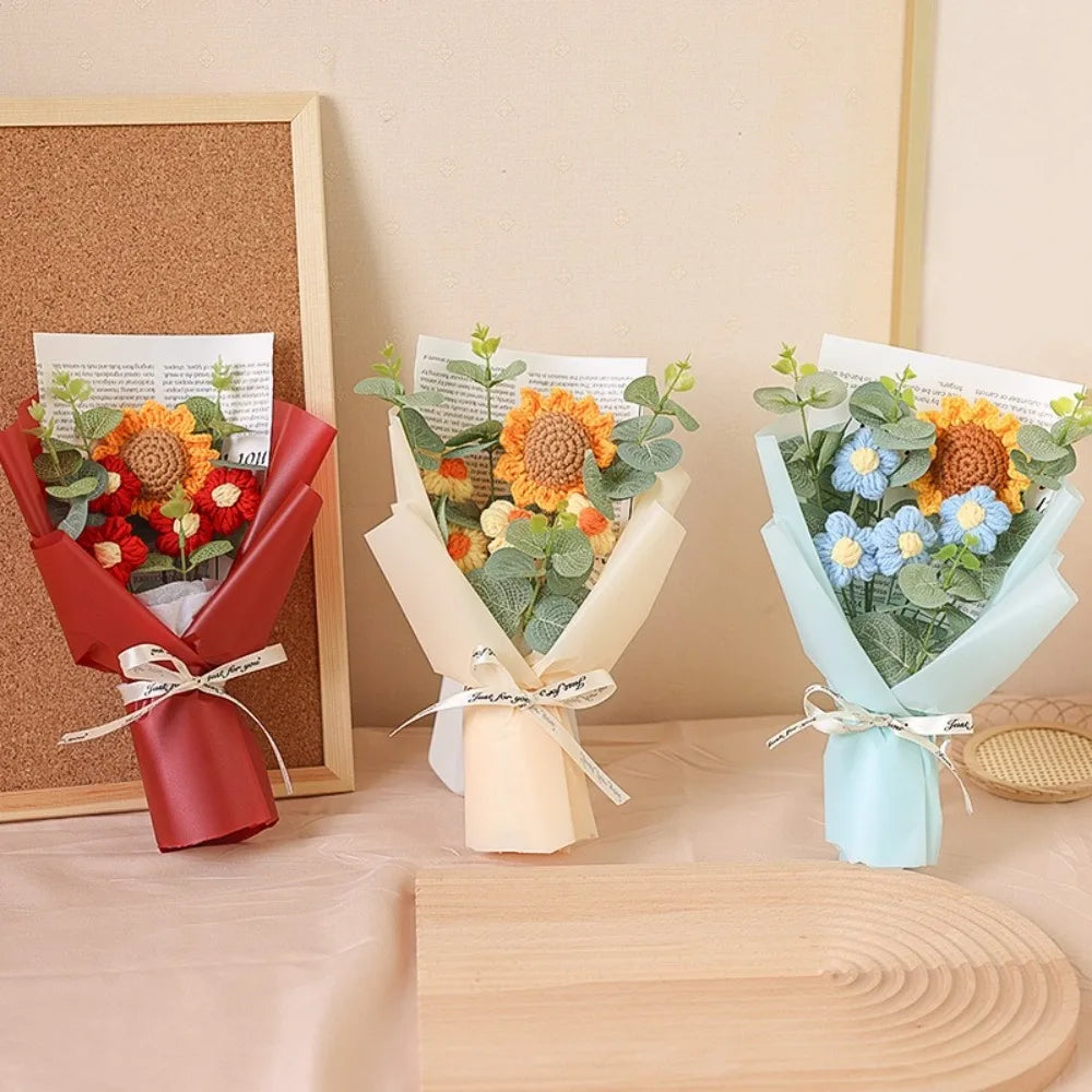 Artificial Flower Crochet Bouquet Handmade Anniversary Sunflower Daisy Bouquet Mothers Day Birthday Gift Eternal Flower - chinatopmarket