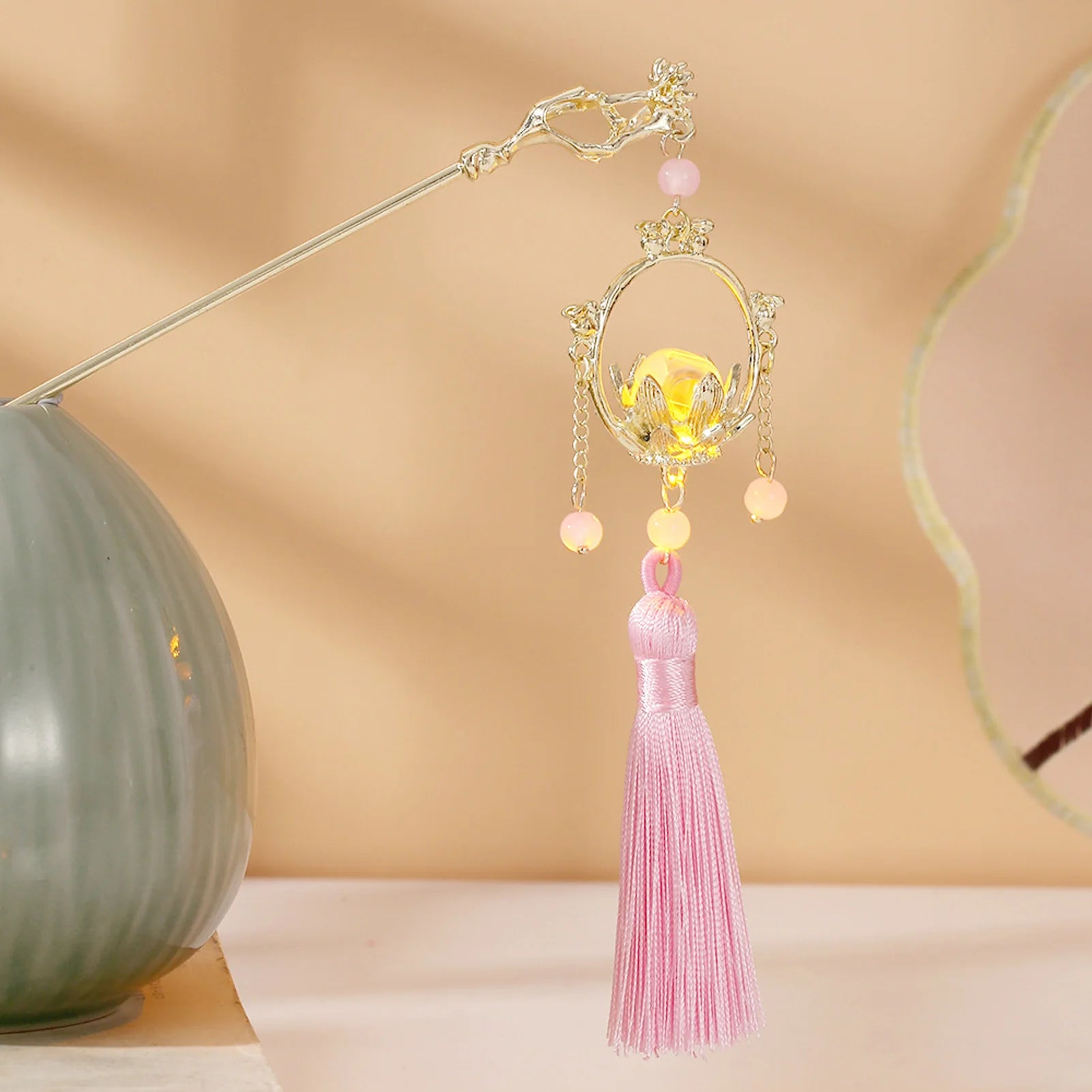 Luminous Flower Hairpin For Women Creative Lotus Emit Light Lantern Tassel Hair Stick Vintage Chinese Style Metal Hair Accessory - chinatopmarket