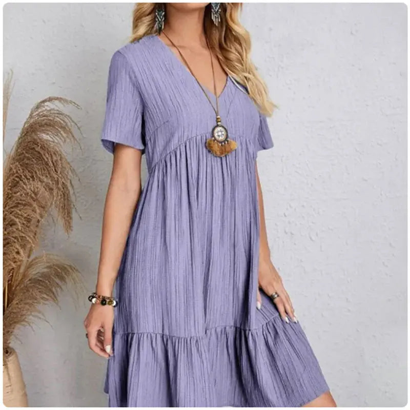 Women Summer Peplum Dresses Spring V-Neck Short Sleeve Loose Waist Ruffle Fit Flare Vocation Dresses - chinatopmarket