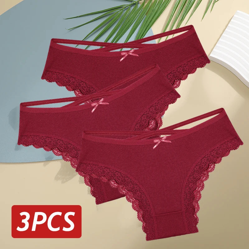 3PCS/Set Women Cotton Panties Sexy Low Rise Lace Brazilian Panties Hollow Out Soft Breathable Lingerie Female Bow Underwear S-XL - chinatopmarket