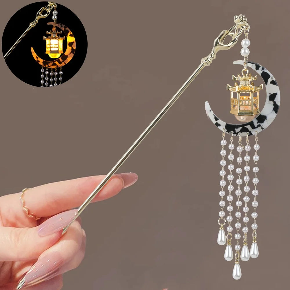 Luminous Flower Hairpin For Women Creative Lotus Emit Light Lantern Tassel Hair Stick Vintage Chinese Style Metal Hair Accessory - chinatopmarket