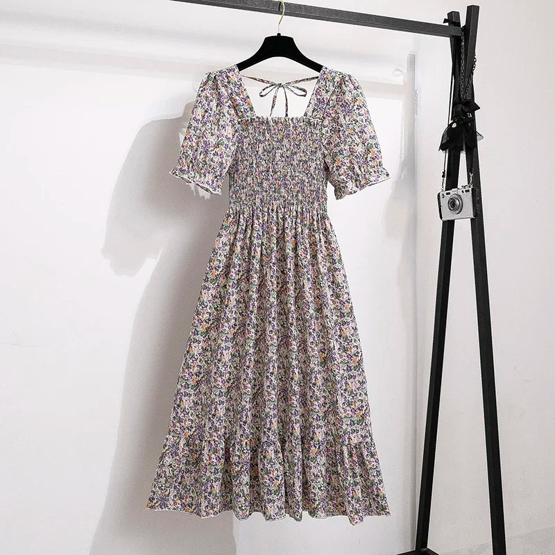 Spring Summer Chiffon Dresses Fashion Female Elastic Waist Short Sleeve Pleated Casual Dress Women A-line Dresses Vestidos - chinatopmarket