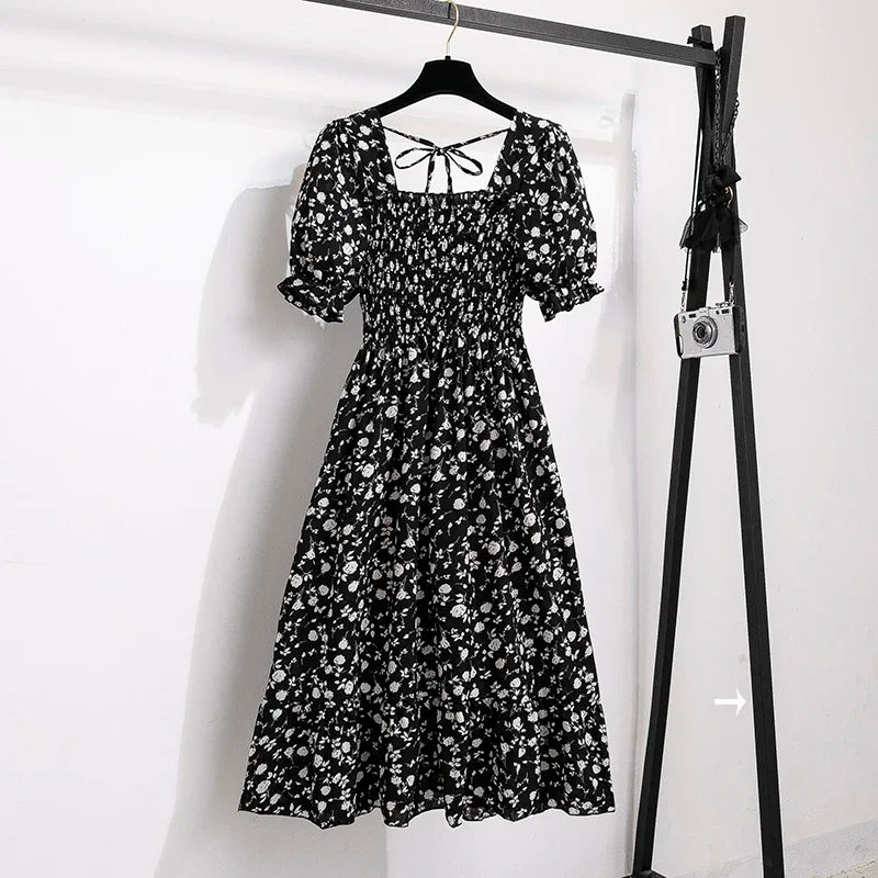 Spring Summer Chiffon Dresses Fashion Female Elastic Waist Short Sleeve Pleated Casual Dress Women A-line Dresses Vestidos - chinatopmarket