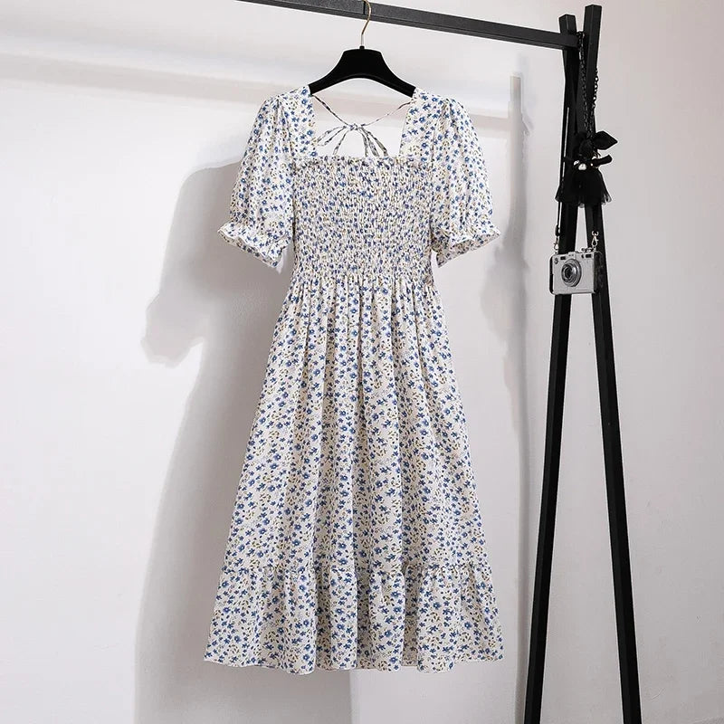 Spring Summer Chiffon Dresses Fashion Female Elastic Waist Short Sleeve Pleated Casual Dress Women A-line Dresses Vestidos - chinatopmarket