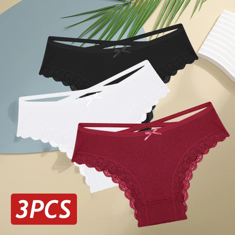 3PCS/Set Women Cotton Panties Sexy Low Rise Lace Brazilian Panties Hollow Out Soft Breathable Lingerie Female Bow Underwear S-XL - chinatopmarket