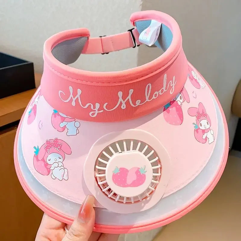 Hello Kitty Kuromi My melody Pochacco summer children's multifunctional sun protection hat with fan and sunshade large brim - chinatopmarket