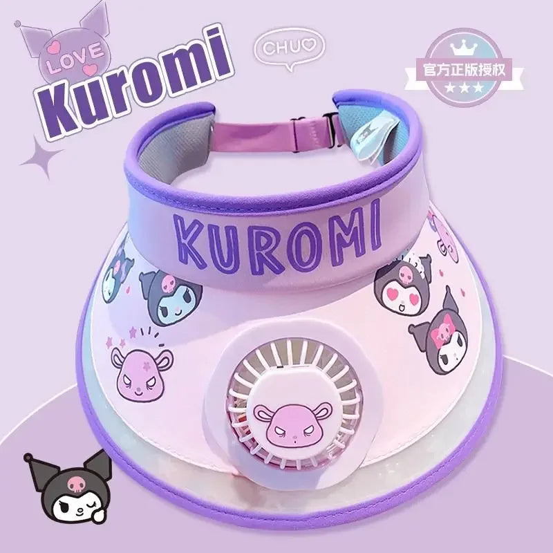 Hello Kitty Kuromi My melody Pochacco summer children's multifunctional sun protection hat with fan and sunshade large brim - chinatopmarket