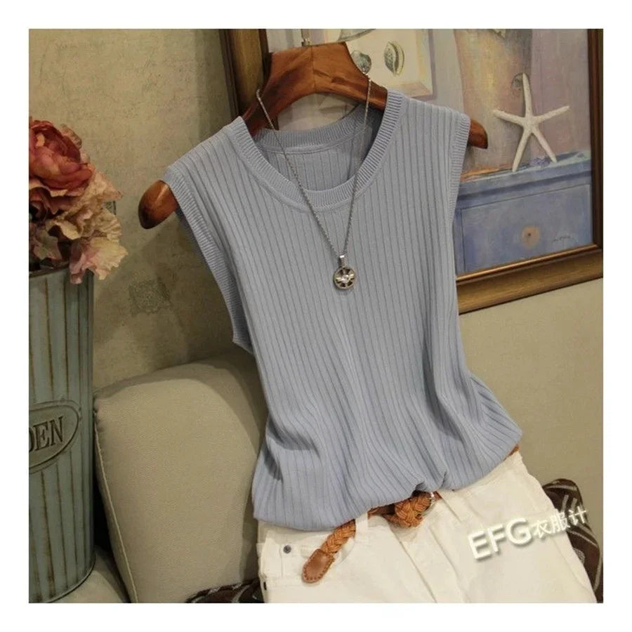 Summer Sleeveless Blouse Women O-neck Knitted Blouse Shirt Women Clothes Women Tops - chinatopmarket