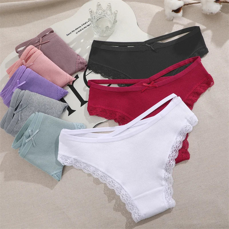 3PCS/Set Women Cotton Panties Sexy Low Rise Lace Brazilian Panties Hollow Out Soft Breathable Lingerie Female Bow Underwear S-XL - chinatopmarket