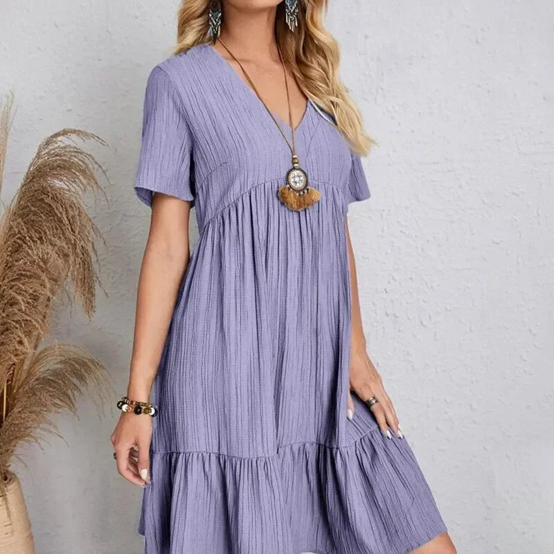 Women Summer Peplum Dresses Spring V-Neck Short Sleeve Loose Waist Ruffle Fit Flare Vocation Dresses - chinatopmarket