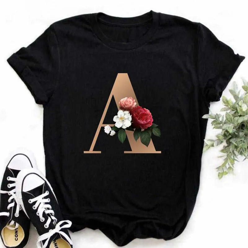 A B C D E English Alphabet Print T Shirt Women New Summer Couples Lovers Female T-Shirt Harajuku Casual Black Tops Tshirts - chinatopmarket