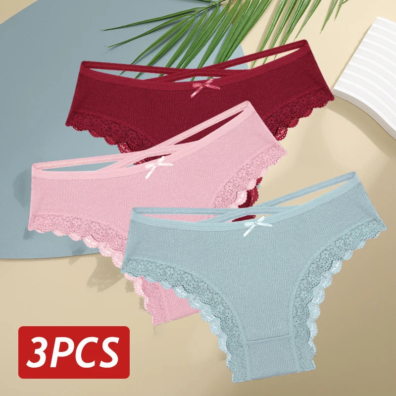 3PCS/Set Women Cotton Panties Sexy Low Rise Lace Brazilian Panties Hollow Out Soft Breathable Lingerie Female Bow Underwear S-XL - chinatopmarket