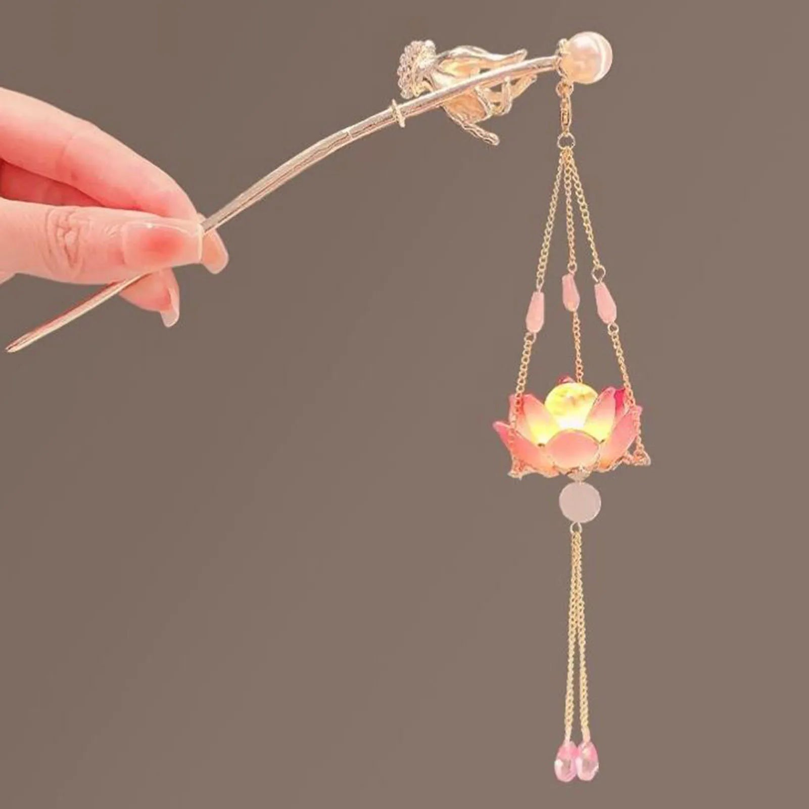 Luminous Flower Hairpin For Women Creative Lotus Emit Light Lantern Tassel Hair Stick Vintage Chinese Style Metal Hair Accessory - chinatopmarket