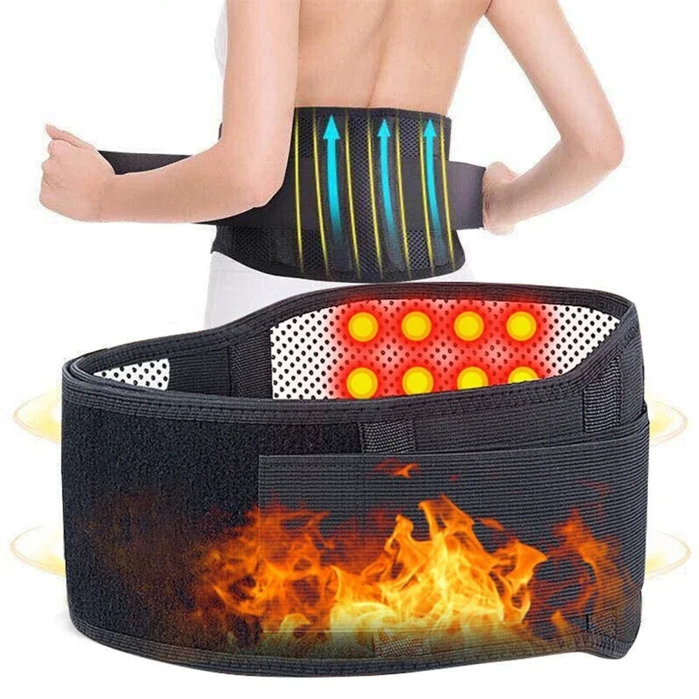 Back support belt with heating element and Tcare branding on a white background