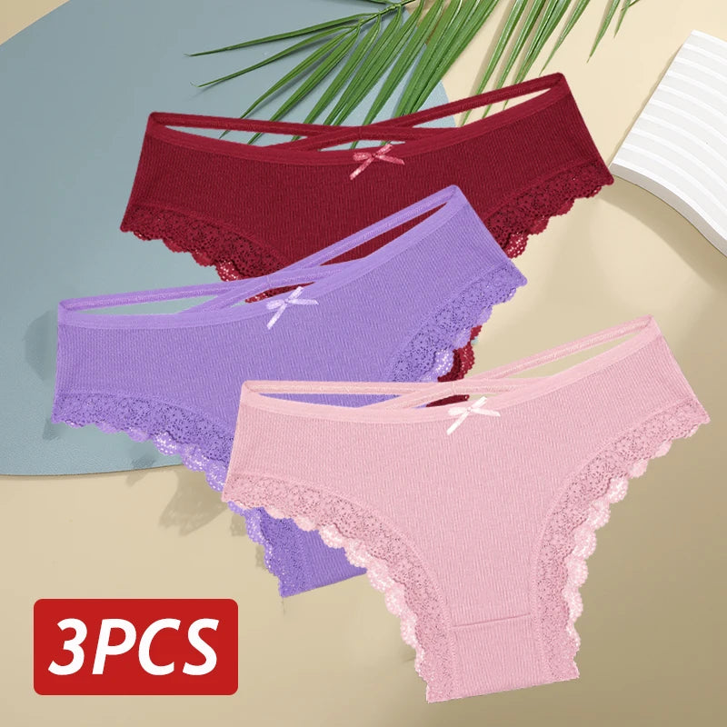 3PCS/Set Women Cotton Panties Sexy Low Rise Lace Brazilian Panties Hollow Out Soft Breathable Lingerie Female Bow Underwear S-XL - chinatopmarket