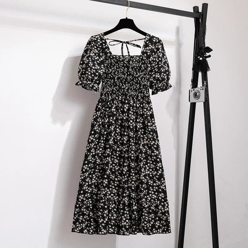 Spring Summer Chiffon Dresses Fashion Female Elastic Waist Short Sleeve Pleated Casual Dress Women A-line Dresses Vestidos - chinatopmarket